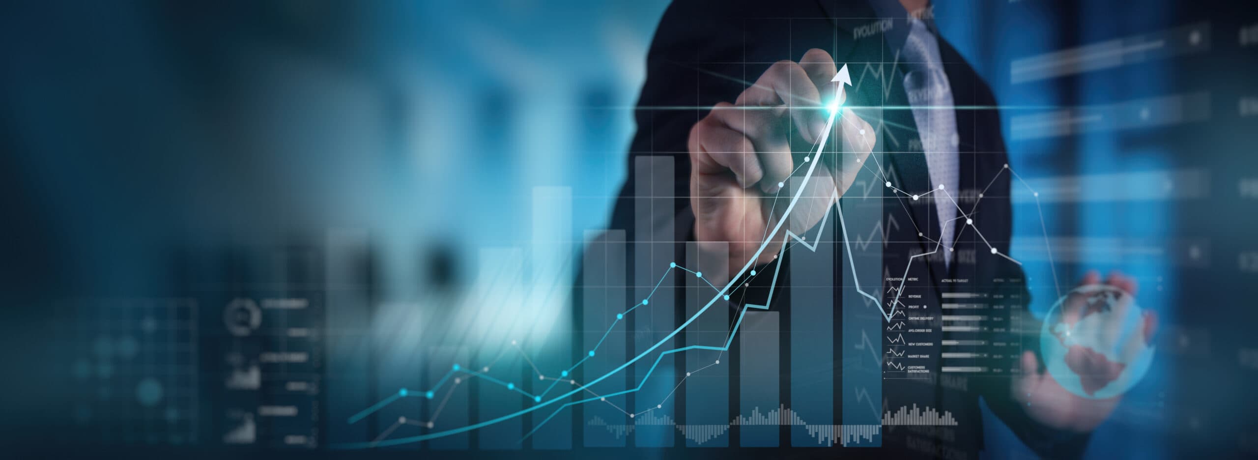 Businessman working with modern computer virtual dashboard analyzing finance sales data and economic growth graph chart and block chain technology.